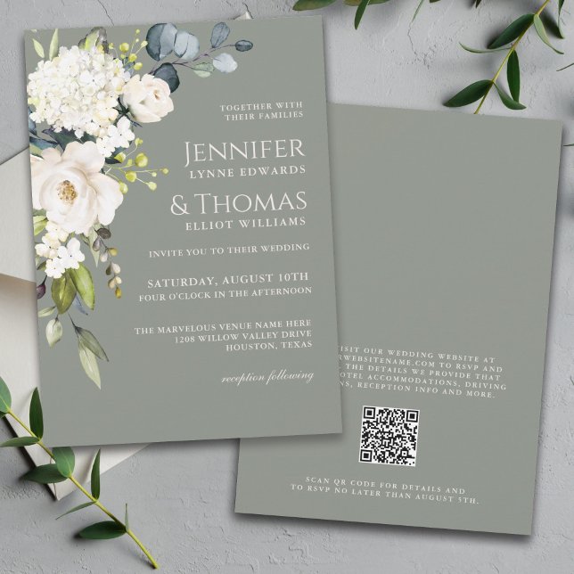 Elegant White Floral on Sage Green Wedding Invitation (Creator Uploaded)