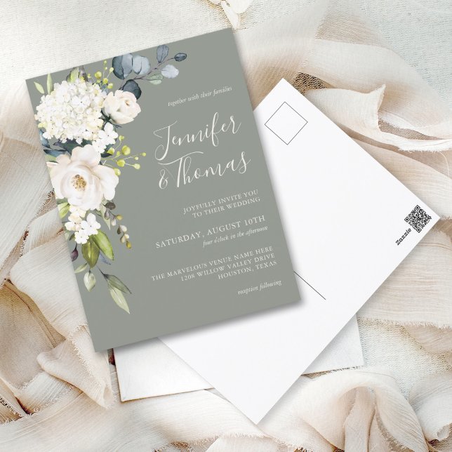 Elegant White Floral on Sage Green Wedding Postcard (Creator Uploaded)
