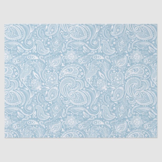 Elegant White Floral Paisley Over Blue Background Tissue Paper (Front)