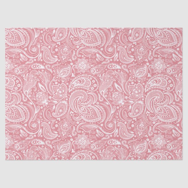 Elegant White Floral Paisley Over Pink Background Tissue Paper (Front)