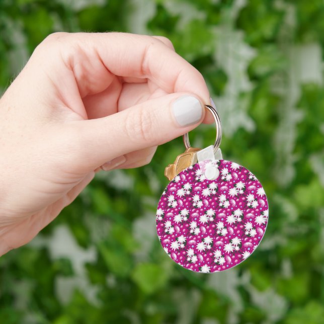 Elegant White Floral Pattern Botanical Design Key Ring (Hand)