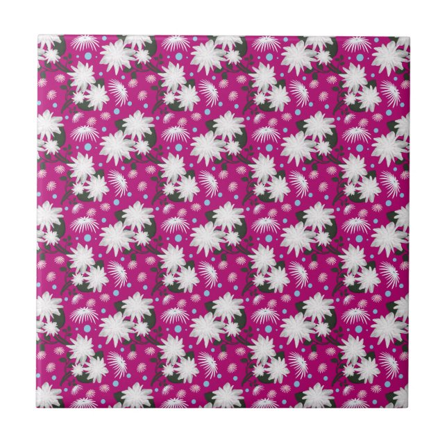 Elegant White Floral Pattern Botanical Design Tile (Front)