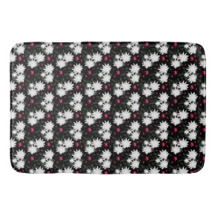 Elegant White Floral Pattern on Black Background Bath Mat