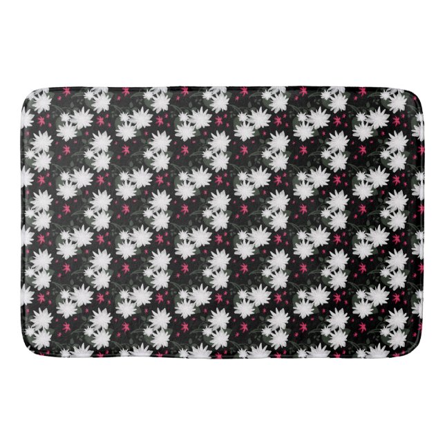 Elegant White Floral Pattern on Black Background Bath Mat (Front)