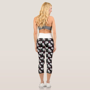 Elegant White Floral Pattern on Black Background Capri Leggings