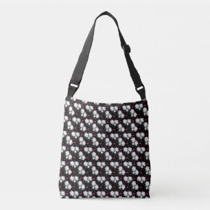 Elegant White Floral Pattern on Black Background Crossbody Bag