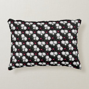 Elegant White Floral Pattern on Black Background Decorative Cushion