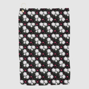 Elegant White Floral Pattern on Black Background Golf Towel