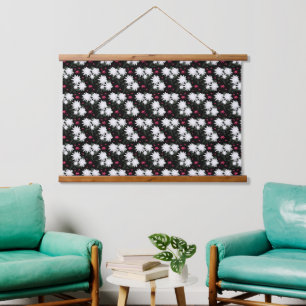 Elegant White Floral Pattern on Black Background Hanging Tapestry
