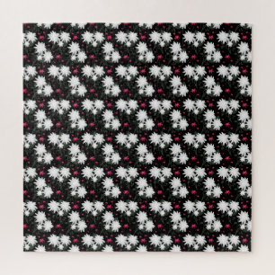 Elegant White Floral Pattern on Black Background Jigsaw Puzzle