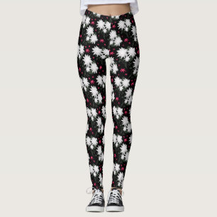 Elegant White Floral Pattern on Black Background Leggings