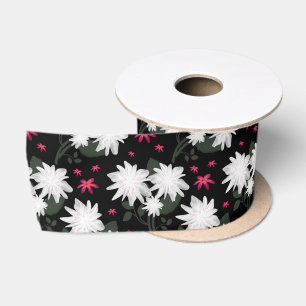 Elegant White Floral Pattern on Black Background Satin Ribbon