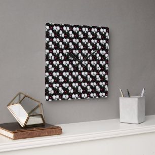Elegant White Floral Pattern on Black Background Square Wall Clock