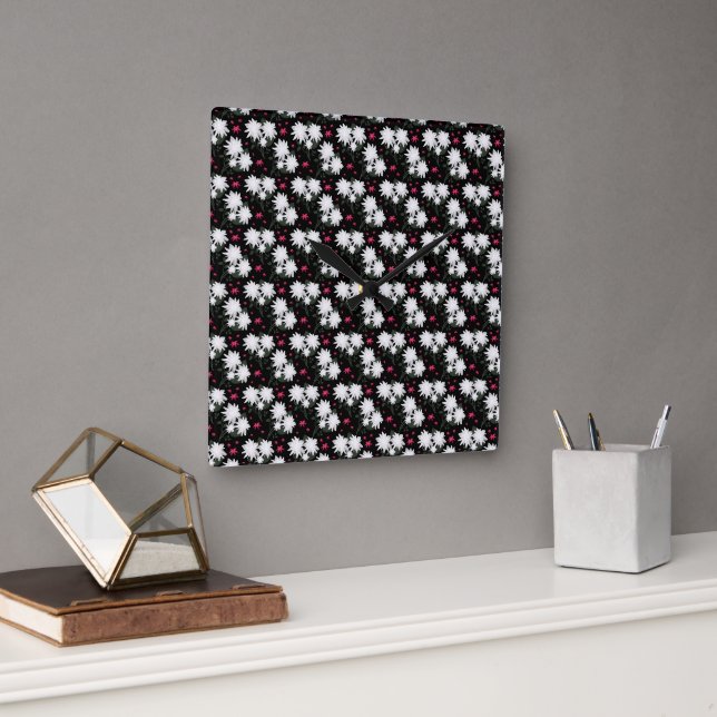 Elegant White Floral Pattern on Black Background Square Wall Clock (Office)