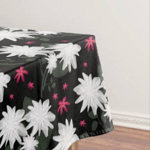 Elegant White Floral Pattern on Black Background Tablecloth