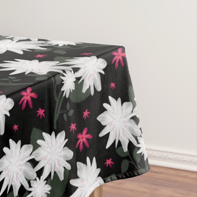 Elegant White Floral Pattern on Black Background Tablecloth (In Situ)
