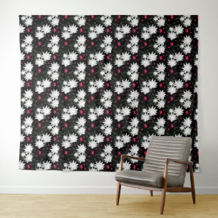 Elegant White Floral Pattern on Black Background Tapestry