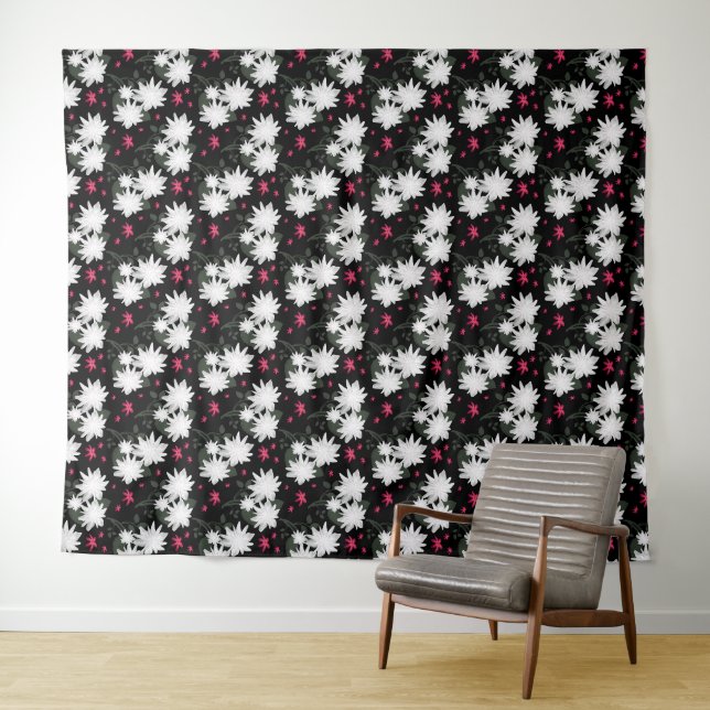 Elegant White Floral Pattern on Black Background Tapestry (In Situ (Horizontal))
