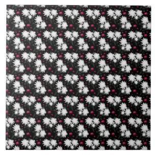 Elegant White Floral Pattern on Black Background Tile