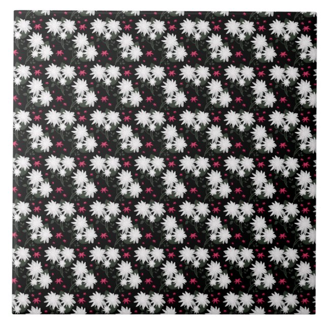 Elegant White Floral Pattern on Black Background Tile (Front)
