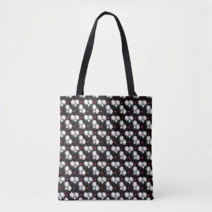 Elegant White Floral Pattern on Black Background Tote Bag