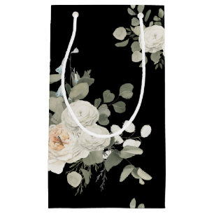 Elegant White Floral Pattern on Black Small Gift Bag