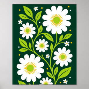 Elegant White Floral Pattern with Green Leaves Poster
