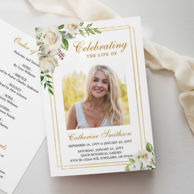Elegant White Floral Photo Memorial Funeral Programme (Creator Uploaded)
