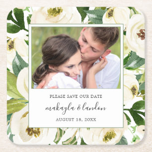 Elegant White Floral Photo Save the Date Square Paper Coaster