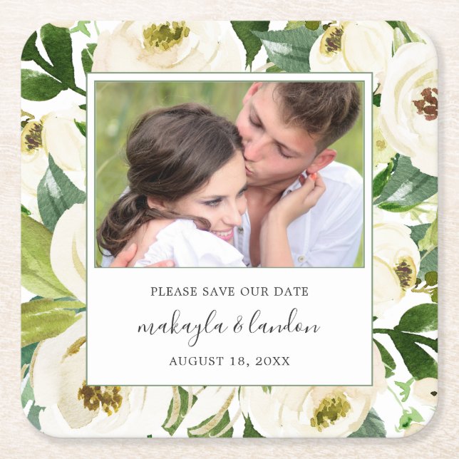 Elegant White Floral Photo Save the Date Square Paper Coaster (Front)