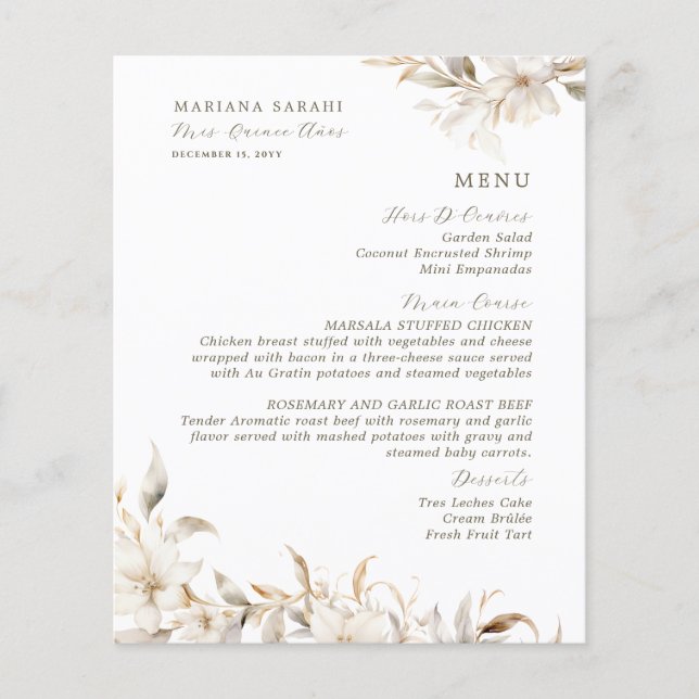 Elegant White Floral Quinceanera Food Drinks Menu (Front)