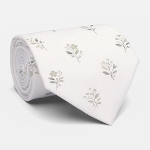 Elegant White Floral Sage Green Botanical Tie
