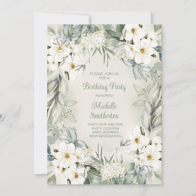 Elegant White Floral Sage Green Leaves Birthday Invitation (Front)