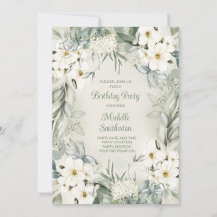 Elegant White Floral Sage Green Leaves Birthday Invitation