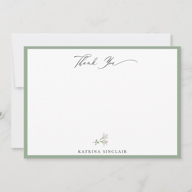 Elegant White Floral Sage Green Thank You Card (Front)