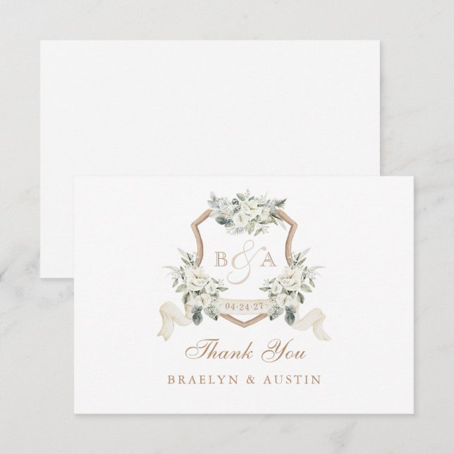 Elegant White Floral Sage Green Wedding Crest Thank You Card (Front/Back)