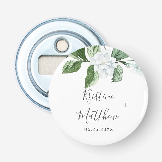 Elegant White Floral Sage Greenery Wreath Wedding Bottle Opener (Front)