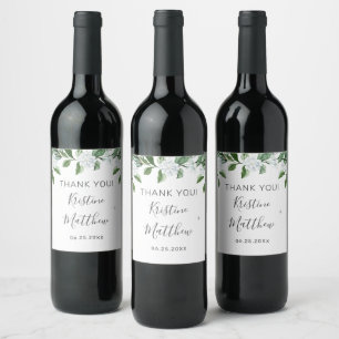 Elegant White Floral Sage Greenery Wreath Wedding Wine Label