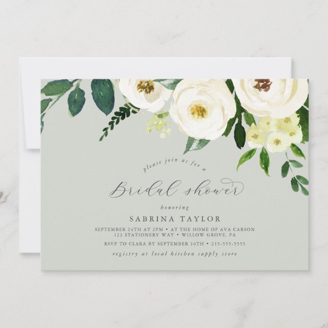 Elegant White Floral | Sage Mint Bridal Shower Invitation (Front)