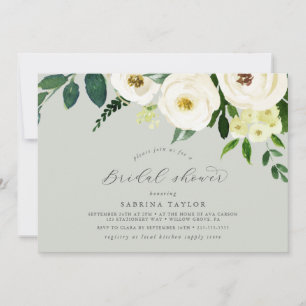Elegant White Floral Sage Mint Bridal Shower Invitation