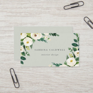 Elegant White Floral   Sage Mint Business Card