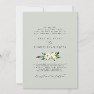 Elegant White Floral Sage Mint Formal Wedding Invitation