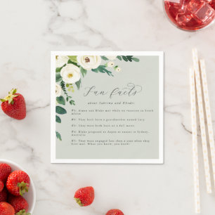 Elegant White Floral   Sage Mint Fun Facts Wedding Napkin