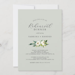 Elegant White Floral   Sage Mint Rehearsal Dinner Invitation