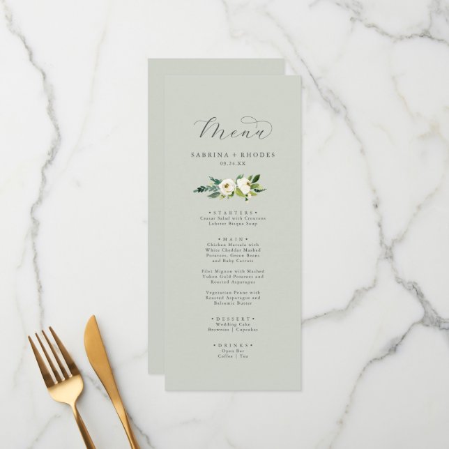 Elegant White Floral | Sage Mint Wedding Dinner Menu (Front/Back In Situ)