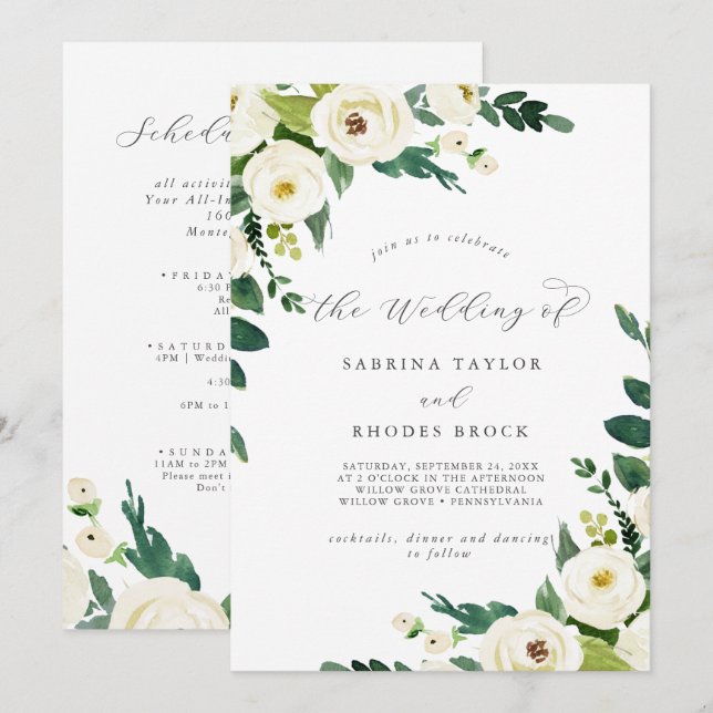 Elegant White Floral Schedule of Events Wedding In Invitation (Front/Back)