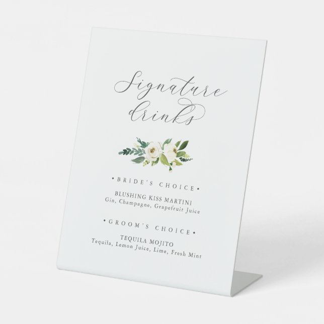 Elegant White Floral Signature Drinks Sign (Front)