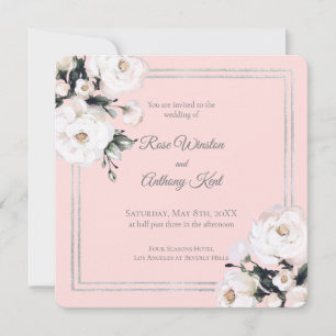Elegant White Floral Silver Frame Pink Wedding Invitation