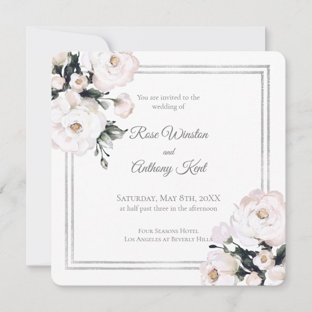 Elegant White Floral Silver Frame Wedding Invitation (Front)