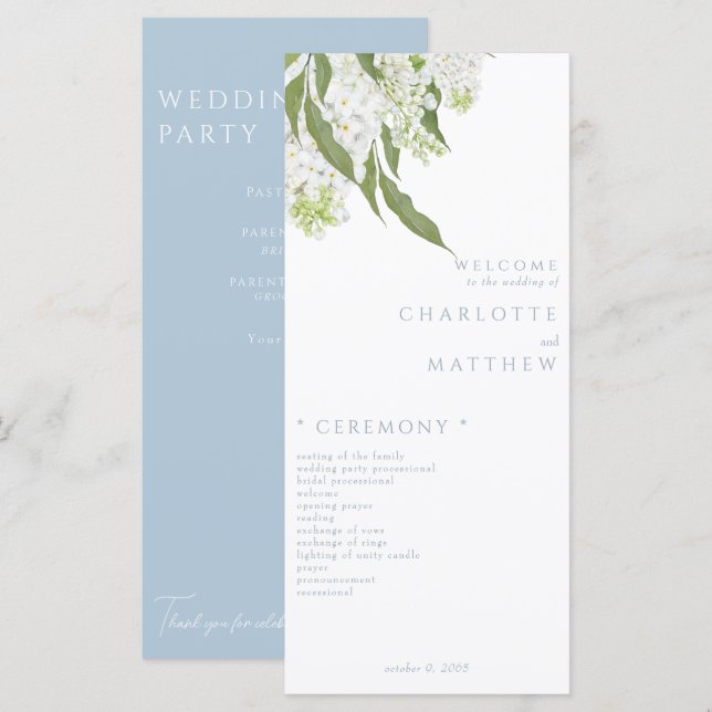 Elegant White Floral Sky Blue Wedding Program Menu (Front/Back)